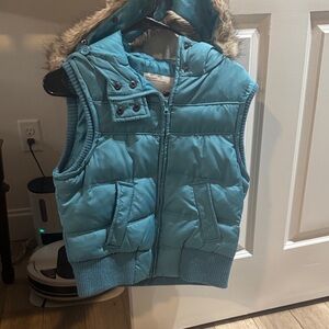 Aeropostale Teal Puffer Vest with Faux Fur Hood